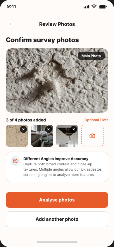 Asbestos Photo Assistant app photo review screen