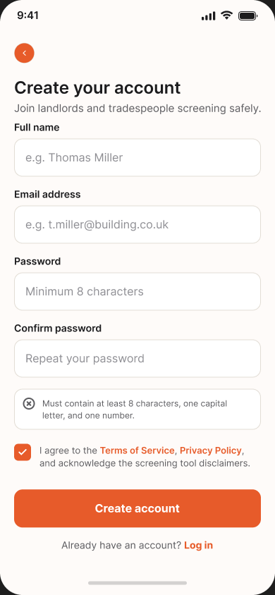 Asbestos Photo Assistant app registration screen