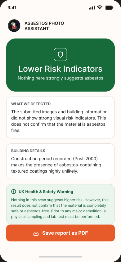 Asbestos Photo Assistant app risk result screen