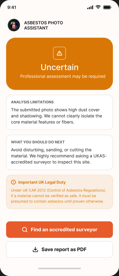 Asbestos Photo Assistant app medium risk result screen