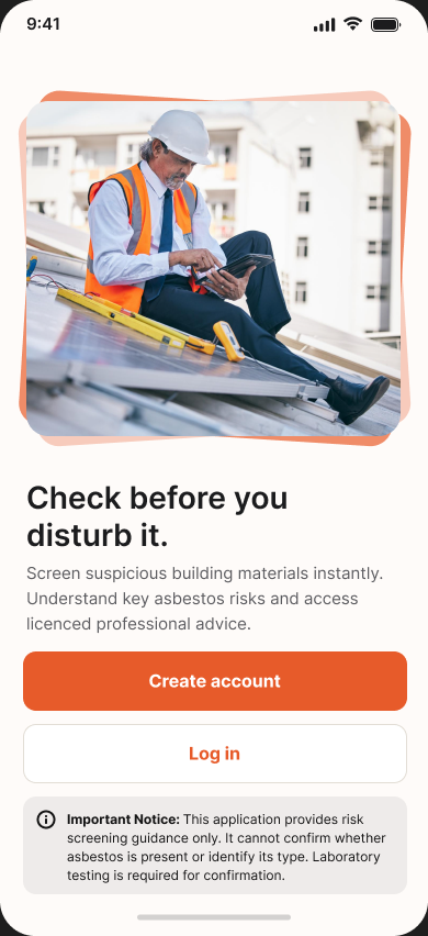 Asbestos Photo Assistant app welcome screen